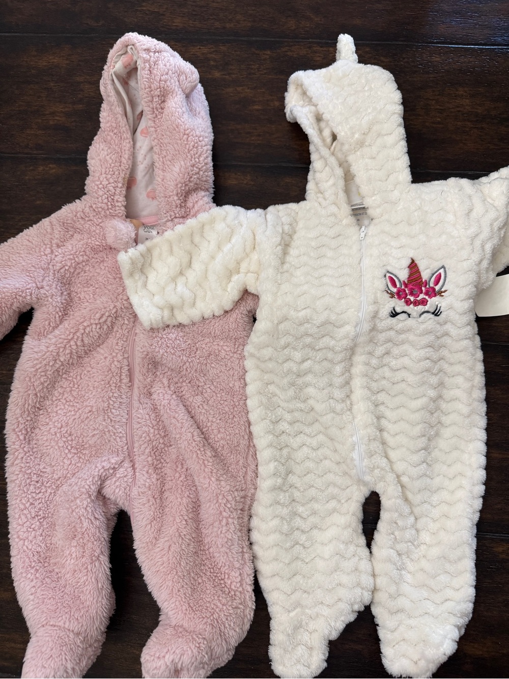 Carter's Pink & Cream Plush Hooded Baby One-Piece Footies Winter